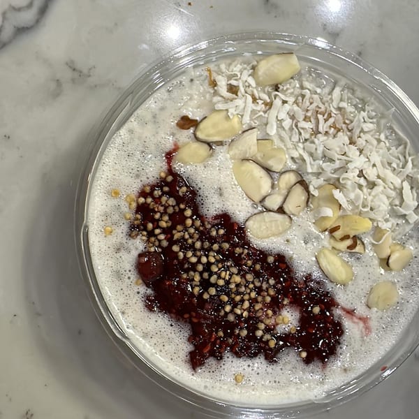 Overhead view of a healthy Leaf and Ginger chia pudding with raspberry, almonds, and shredded coconut.