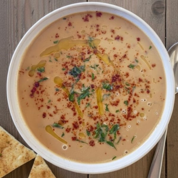 Creamy healthy soup with olive oil, red spice, and green herbs, served with pita bread.
